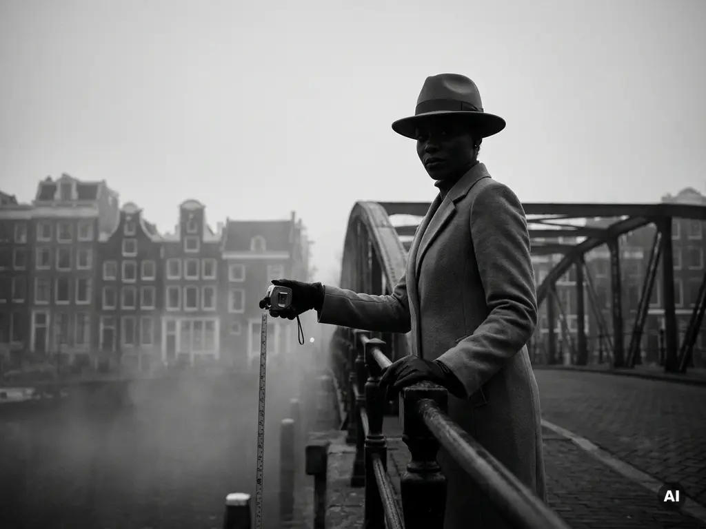 Zelfverzekerde vrouw op mistige Amsterdamse brug met meetlint dat verdwijnt in de nevel, zwart-witfotografie.