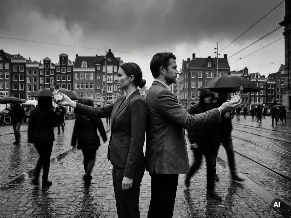 Twee professionals staan rug-aan-rug op een natte Amsterdamse straat, elk met een kompas wijzend in tegengestelde richtingen, zwart-wit editoriaalfoto.