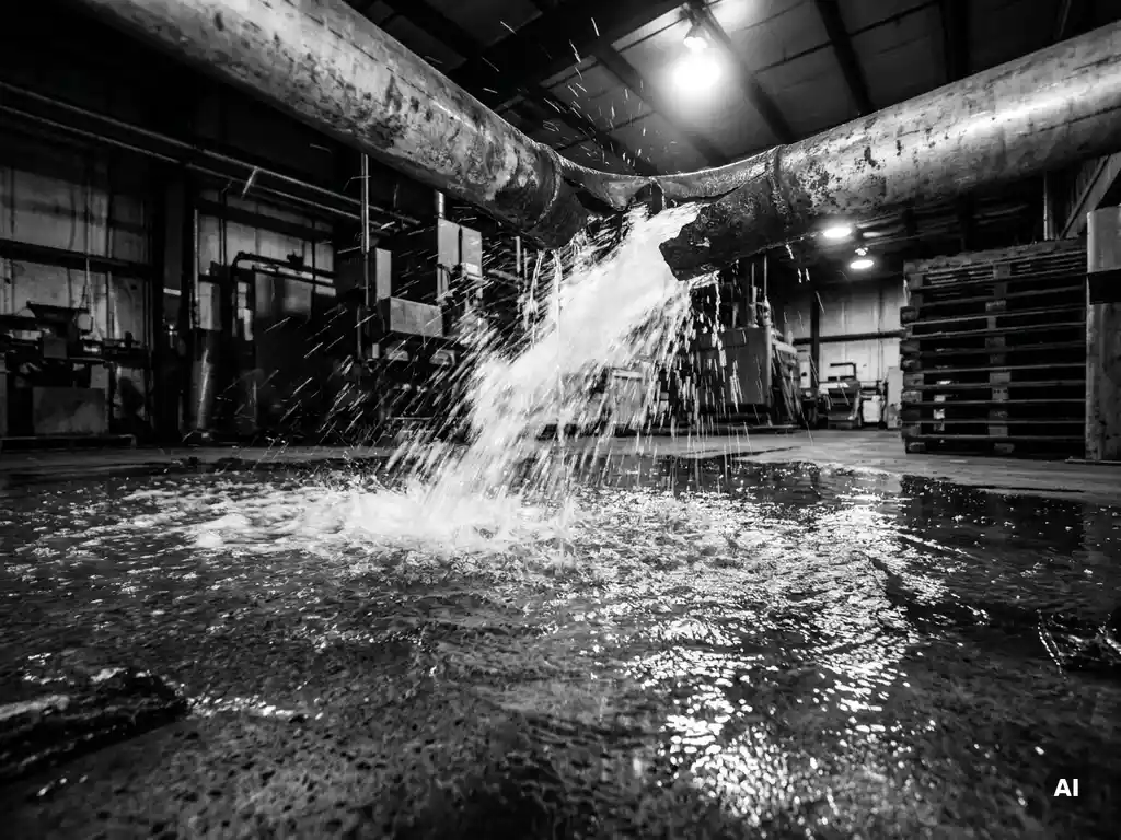 Gebarsten industriële pijp die water op een natte betonvloer spuit, dramatisch zwart-wit beeld met scherp contrast en bewegingsonscherpte.