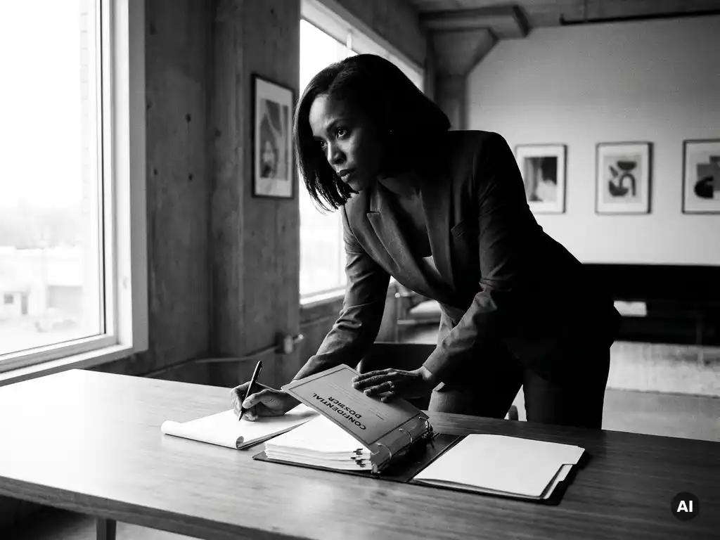 Vrouw in pak bestudeert dossier aan strak modern bureau, hoog contrast zwart-wit portret met natuurlijk raamlicht.