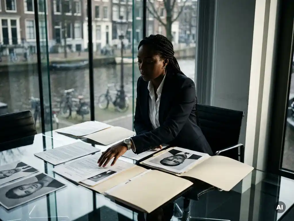 Zakenvrouw bestudeert prospect-dossiers op glazen bureau met uitzicht op Amsterdamse gracht, hand boven geselecteerd bestand.