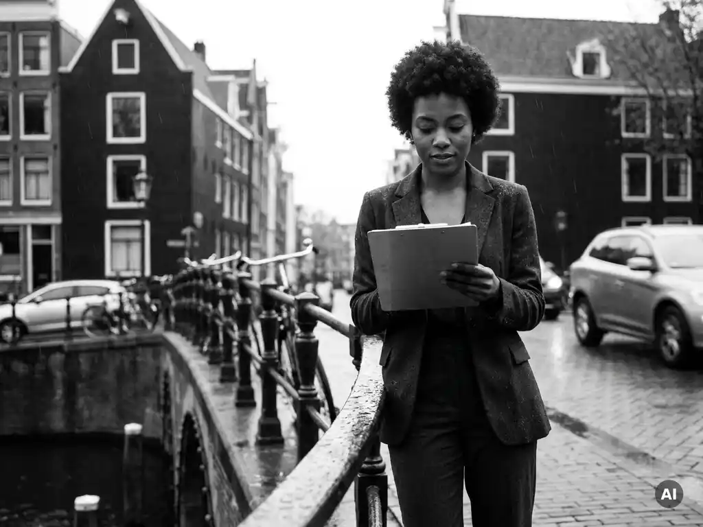 Zelfverzekerde vrouw in maatpak op Amsterdamse kanaalbrug, klembord in hand, stadsverkeer vervaagd op de achtergrond, zwart-witfotografie.