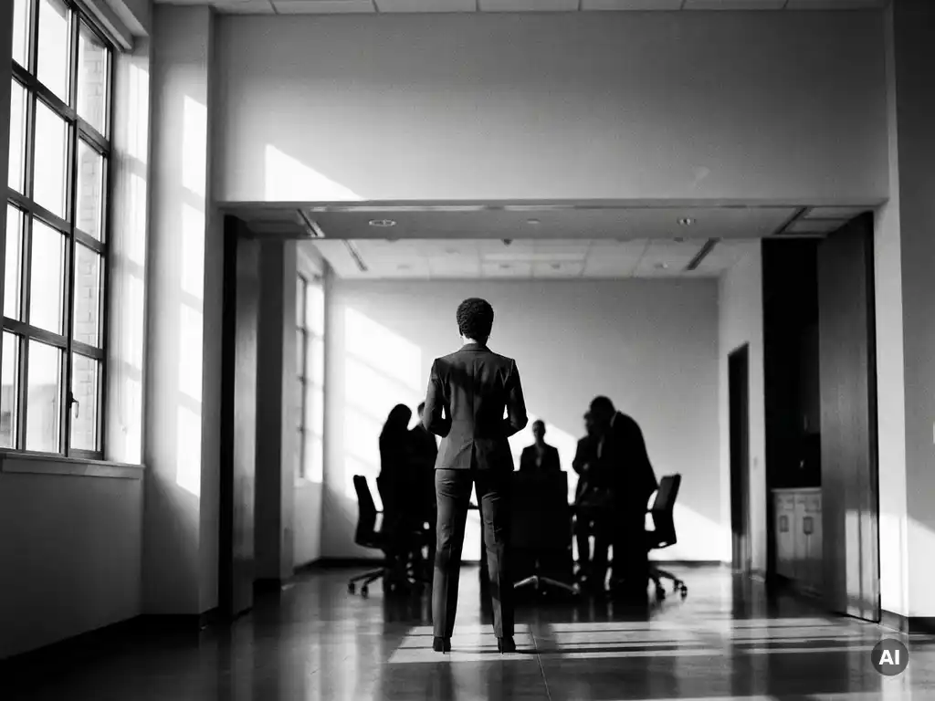 Zelfverzekerde zwarte vrouw in blazer staat aan hoofd van vergaderzaal, gericht op groep stakeholders, dramatisch zwart-wit licht.