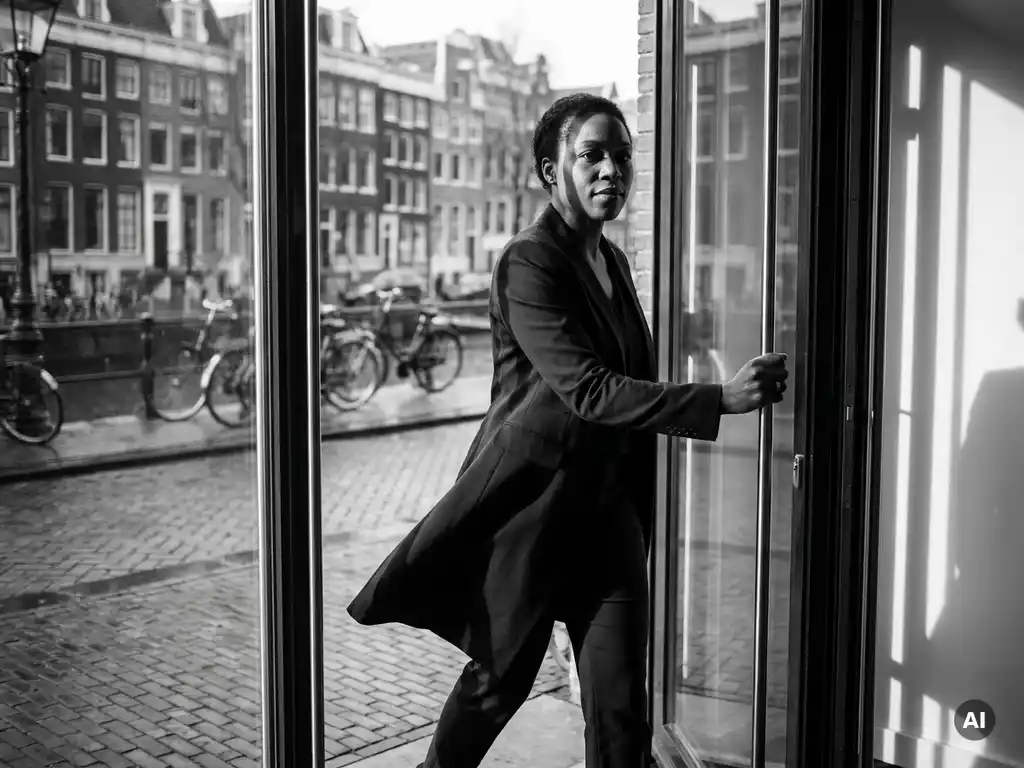 Zelfverzekerde zwarte vrouw in maatpak stapt doelbewust door glazen kantoorvoor, Amsterdamse gracht zichtbaar op achtergrond, zwart-wit editorial fotografie.