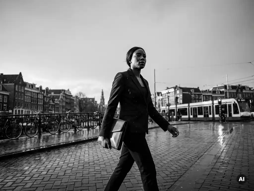 Zelfverzekerde vrouw in getailleerd blazer steekt een Amsterdamse grachtenbrug over in de regen, zwart-wit documentairefoto.