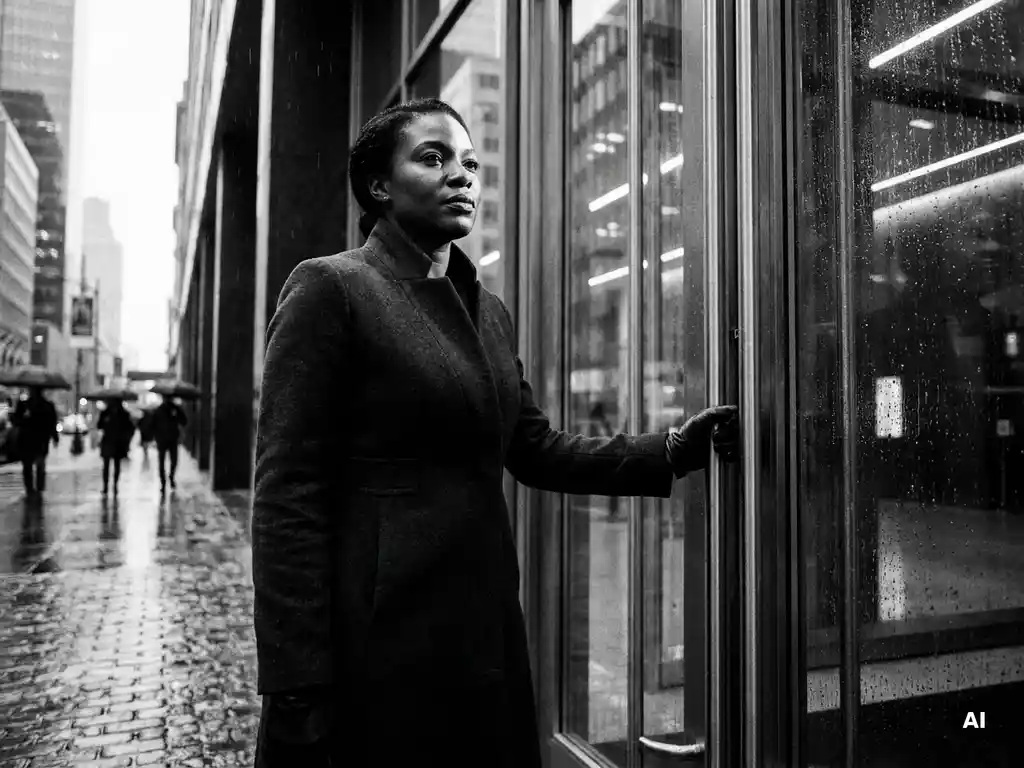 Zelfverzekerde vrouw in getailleerde jas bij glazen ingang van kantoorgebouw, regenglanzende straatkeien, dramatisch zijlicht, zwart-witfotografie.